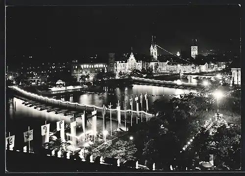 AK Zürich, erleuchtetes Stadtpanorama zum 600. Eidgenossenschafts-Jubiläum