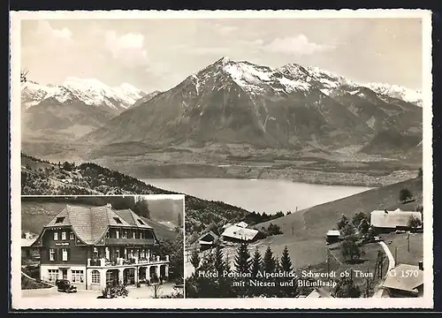 AK Schwendi ob Thun, Hotel Pension Alpenblick mit Niesen und Blümlisalp