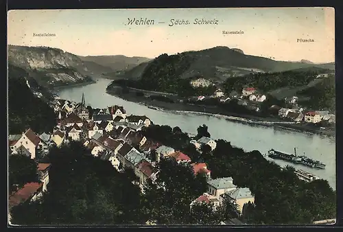 AK Wehlen /Sächs. Schweiz, Elbtal mit Dampfer, Basteifelsen, Rauenstein, Pötzscha
