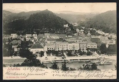 AK Schandau, Ortsansicht mit Dampfer aus der Vogelschau