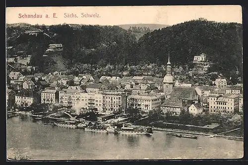 AK Schandau a. E. /Sächs. Schweiz, Ortsansicht mit Dampfern