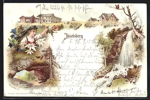 Lithographie Inselsberg, Hotel, Torstein, Wasserfall im Trusenthal
