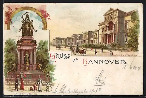 Lithographie Hannover, Krieger - Denkmal, Am Schiffgraben