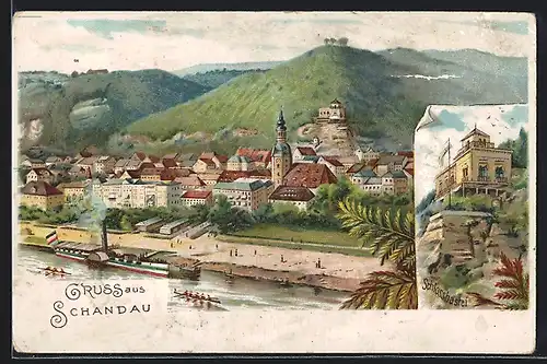 Lithographie Schandau, Schlossbastei, Raddampfer