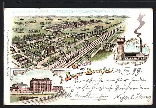 Lithographie Lager-Lechfeld, Lazareth, Ortspanorama