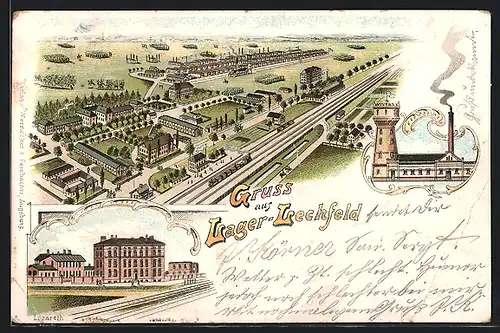 Lithographie Lager-Lechfeld, Lazareth, Ortspanorama
