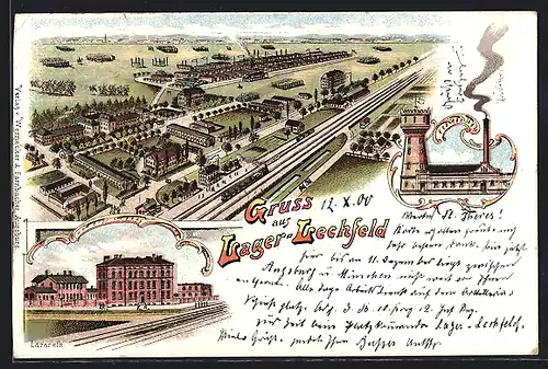 Lithographie Lager Lechfeld, Teilansicht, Lazarett, Wasserwerk