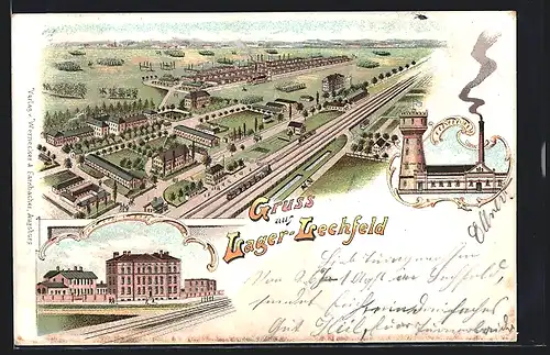 Lithographie Lager Lechfeld, Teilansicht, Lazarett, Wasserwerk