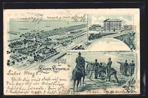 Lithographie Lechfeld, Lager aus der Vogelschau, Gebäudeansicht, Artillerie