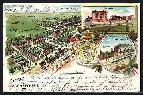 Lithographie Lager Lechfeld, Gesamtansicht, Lazareth, Bahnhof