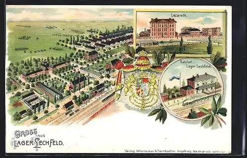 Lithographie Lager Lechfeld, Teilansicht, Lazarett, Bahnhof