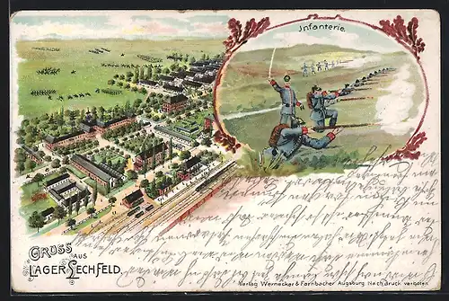 AK Lager Lechfeld, Das Lager aus der Vogelschau, Infanterie im Manöver