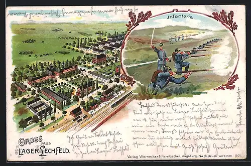 AK Lager Lechfeld, Das Lager aus der Vogelschau, Infanterie im Manöver