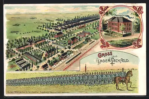 Künstler-AK Lager Lechfeld, Teilansicht, Platzkommando, Soldaten in Uniform