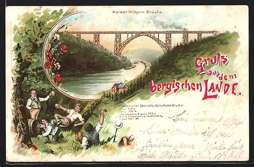 Lithographie Müngsten, Kaiser Wilhelm Brücke, Männer mit Bier u. Bierfass