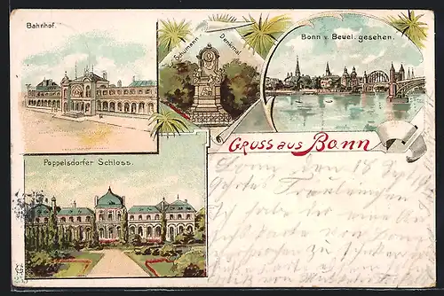 Lithographie Bonn, Bahnhof, Schumann-Denkmal, Poppelsdorfer Schloss