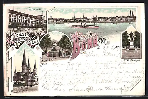 Lithographie Bonn, Arndt-Denkmal, Poppelsdorfer-Allee, Münsterkirche, Universität um 1900