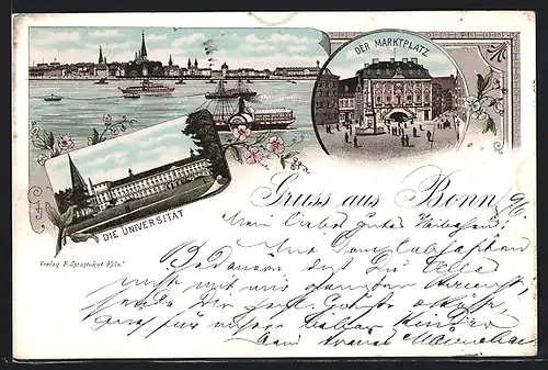 Lithographie Bonn, Universität, Marktplatz, Raddampfer auf dem Fluss