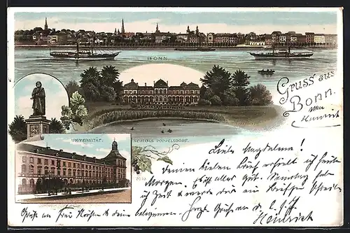 Lithographie Bonn, Fluss mit Dampfern, Schloss Poppelsdorf, Universität