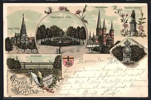 Lithographie Bonn, Poppelsdorfer Allee, Evang. Kirche, Münsterkirche, Beethoven-Denkmal, Schumann-Denkmal