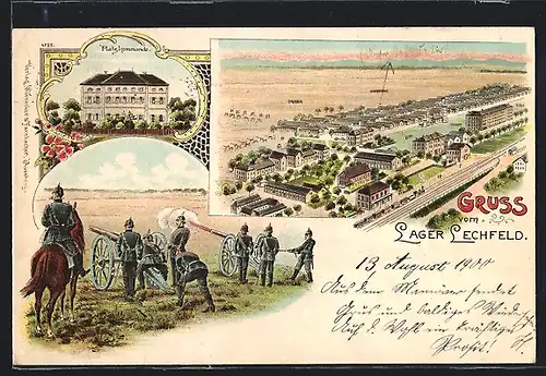 Lithographie Lager Lechfeld, Kanoniere, Platzkommando, Totalansicht