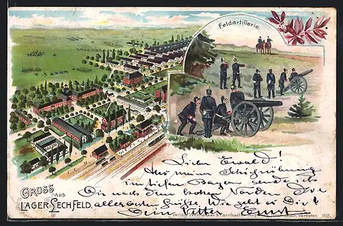 Lithographie Lager Lechfeld, Teilansicht, Soldaten der Feldartillerie mit Kanonen