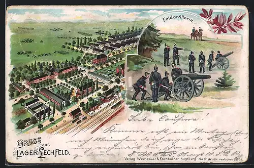 Lithographie Lager Lechfeld, Teilansicht, Soldaten der Feldartillerie mit Kanonen