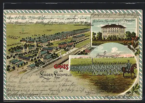 Lithographie Lager-Lechfeld, Baracken-Lager aus der Vogelschau, Platzkommando, Regiment