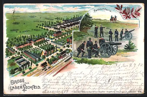 Lithographie Lager Lechfeld, Teilansicht, Soldaten der Feldartillerie mit Kanonen