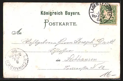 Lithographie Lager Lechfeld, Teilansicht, Soldaten der Feldartillerie mit Kanonen