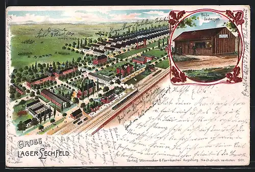 Lithographie Lechfeld, Lager aus der Vogelschau, Bude Seeberger