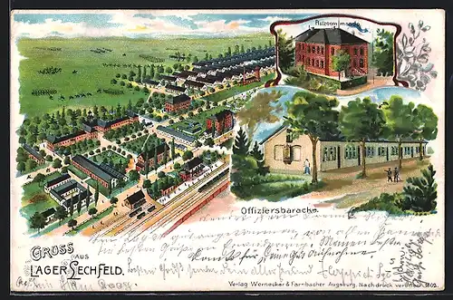 Lithographie Lager Lechfeld, Ortsansicht aus der Vogelschau, Offiziersbaracke