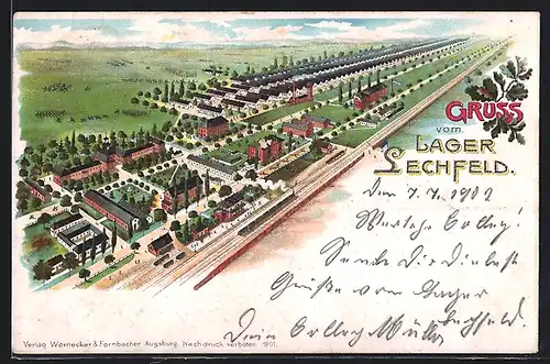 Lithographie Lager Lechfeld, Blick auf das Lager