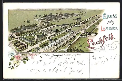 Lithographie Lechfeld, Totalansicht aus der Vogelschau