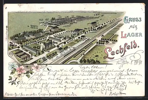 Lithographie Lager Lechfeld, Truppenlager aus der Vogelschau