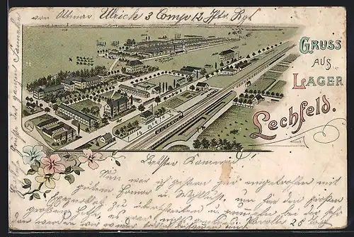 Lithographie Lager Lechfeld, Truppenlager aus der Vogelschau