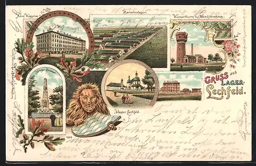 Lithographie Lager-Lechfeld, Barackenlager aus der Vogelschau, Garnisons Lazareth, Wasserturm mit Maschinenhaus