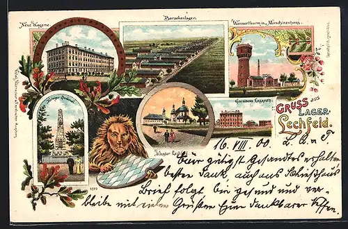 Lithographie Lechfeld, Neue Kaserne, Barackenlager, Wasserthurm m. Maschinenhaus