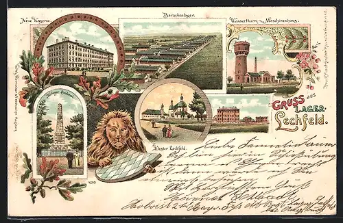 Lithographie Lager-Lechfeld, Barackenlager aus der Vogelschau, Garnisons Lazareth, Wasserturm mit Maschinenhaus