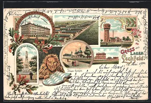 Lithographie Lager-Lechfeld, Barackenlager aus der Vogelschau, Garnisons Lazareth, Wasserturm mit Maschinenhaus