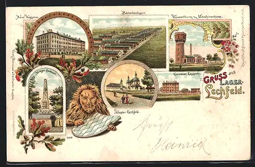 Lithographie Lager-Lechfeld, Barackenlager aus der Vogelschau, Garnisons Lazareth, Wasserturm mit Maschinenhaus