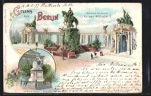Lithographie Berlin, National-Denkmal Kaiser Wilhem I, Denkmal d. Kaiserin Augusta