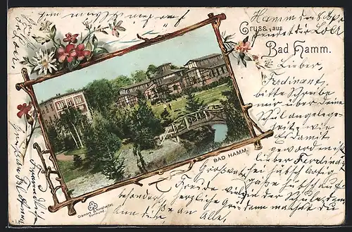 AK Bad Hamm, Teilansicht mit Brücke und Fluss, im Litographie Passepartout