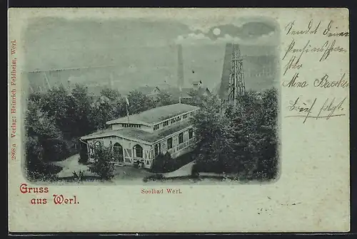 Mondschein-AK Werl, Blick auf das Soolbad-Gebäude