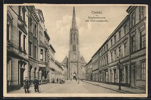AK Crefeld, Stephanstrasse mit Stephanskirche
