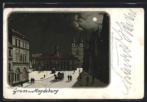 Lithographie Magdeburg, Strassenpartie am Alten Markt, Pferdekutsche