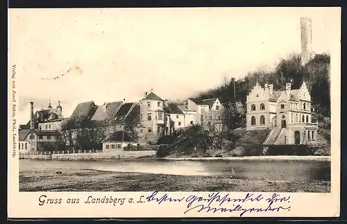 AK Landsberg a. L., Ortsansicht am Wasser