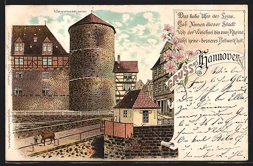 Lithographie Hannover, Beguinenturm mit Pferd