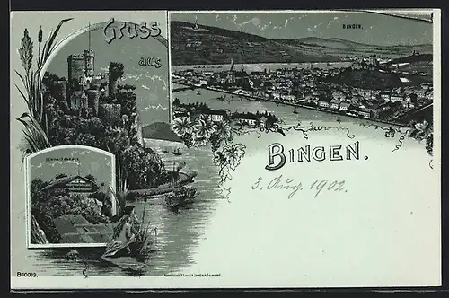 Mondschein-Lithographie Bingen, Schweizerhaus, Burg, Totalansicht