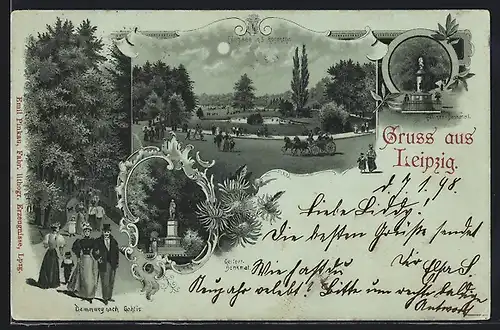 Mondschein-Lithographie Leipzig, Dammweg nach Gohlis, Gellert-Denkmal, Eingang ins Rosenthal